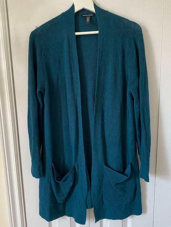 Eileen Fisher Sweaters - Eileen Fisher Linen blend Italian knit Teal Open-Front Pocket Cardigan size S